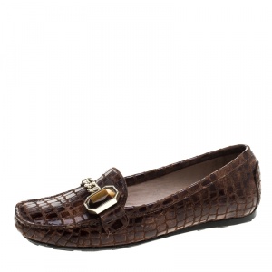 Stuart Weitzman Brown Croc Embossed Suede and Leather Crystal Embellished Loafers Size 36