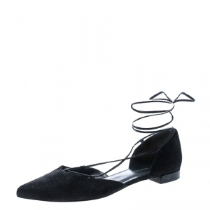 Stuart Weitzman Black Pyrite Fabric Giligan Lace Up Ballet Flats Size 40.5