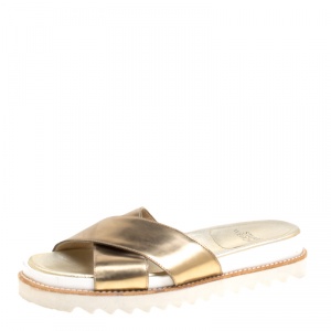 Stuart Weitzman Metallic Gold Leather Crisscross Slides Sandals Size 37