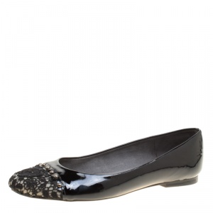 Stuart Weitzman Black Patent Leather Lace Cap Toe Ballet Flats Size 37