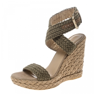 Stuart Weitzman Khaki Crochet Alex Ankle Halter Wrap Espadrille Wedge Sandals Size 38