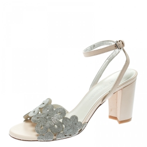 Stuart Weitzman Beige Leather Chain Reaction Ankle Strap Sandals Size 37.5