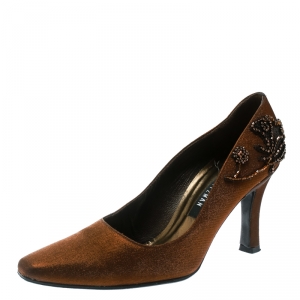Stuart Weitzman Metallic Brown Fabric Square Toe Pumps Size 37.5