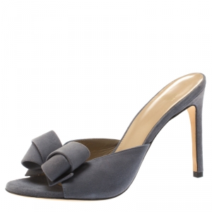 Stuart Weitzman Grey Suede Bow Detail Peep Toe Slides Size 39.5