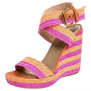 Stuart Weitzman Pink/Orange Braided Leather Ankle Strap Wedge Platform Sandals Size 36