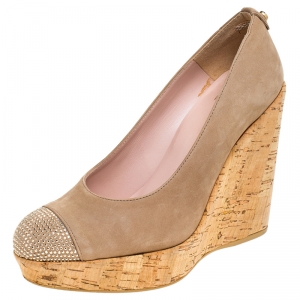 Stuart Weitzman Nubuck Embellished Cork Wedge Platform Pumps Size 37