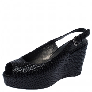 Stuart Weitzman Black Woven Leather Peep Toe Wedge Slingback Sandals Size 40