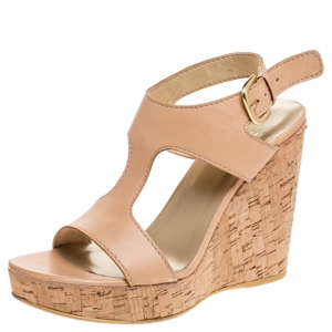 Stuart Weitzman Beige Leather Open Toe Cork Wedge Slingback Sandals Size 37