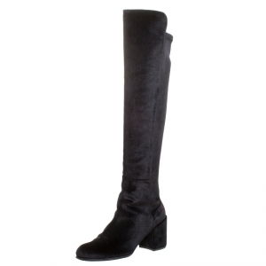 Stuart Weitzman Black Stretch Velvet Over The Knee Block Heel Boots Size 38
