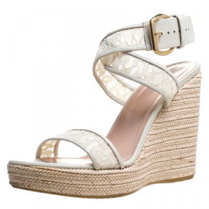 Stuart Weitzman White Lace Guipure Wedge Espadrille Sandals Size 38