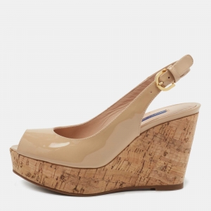 Stuart Weitzman Beige Patent Leather Jean Peep Toe Cork Wedge Pumps Size 35.5