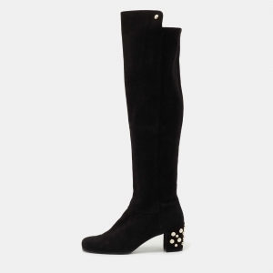 Stuart Weitzman Black Suede Pearl Studded Knee Length Boots Size 39.5