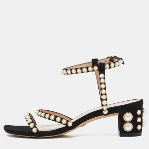 Stuart Weitzman Black Suede Faux Pearl Embellished Ankle Strap Sandals Size 36.5