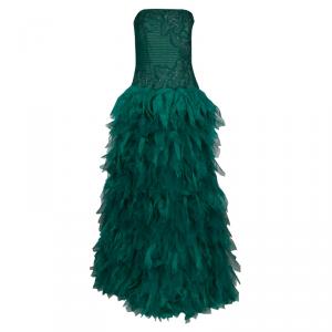Tadashi Shoji Green Tulle Embroidered Faux Feather Strapless Gown M