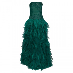 Pre Owned Tadashi Shoji Green Tulle Embroidered Faux Feather Strapless Gown L
