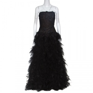 Tadashi Shoji Black Tulle Embroidered Faux Feather Strapless Gown M