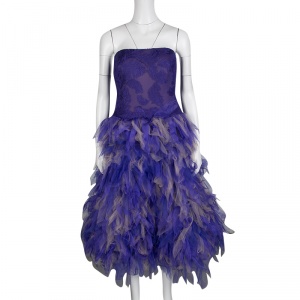 Tadashi Shoji Purple and Begie Tulle Embroidered Faux Feather Strapless Dress L