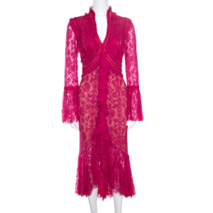 Tadashi Shoji Fuchsia Lace Overlay Detail Ruffle Front Asymmetric Marcellus Dress M