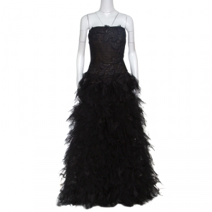 Tadashi Shoji Black Tulle Embroidered Faux Feather Strapless Gown M