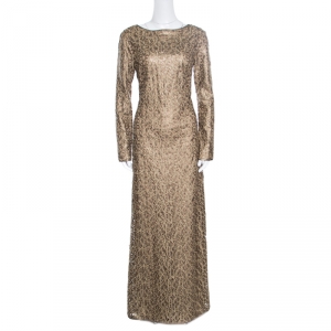 مملوكة مسبقًا Tadashi Shoji Gold Laser Cut Embroidered Leatherette Long Sleeve Boat Neck Gown M
