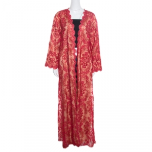 Tadashi Shoji Red Lurex Embroidered Lace Front Open Hazelle Long Jacket S