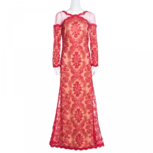 Tadashi Shoji Red Metallic Cord Embroidered Detail Tulle Evening Gown M