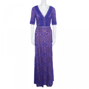 Tadashi Shoji Wisteria Collaged Floral Lace Plunge Neck Landry Evening Gown L