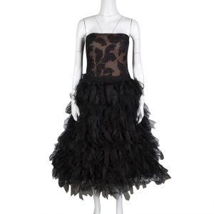 Tadashi Shoji Black Tulle Embroidered Faux Feather Strapless Dress L
