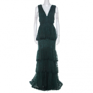 Tadashi Shoji Forest Green Tiered Lace Overlay Sleeveless Marquis Gown XL