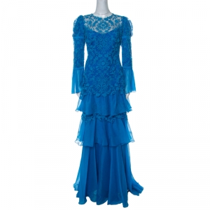 Tadashi Shoji Cerulean Blue Corded Embroidered Tulle Tiered Moreau Gown L
