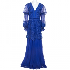 Tadashi Shoji Blue Lace and Chiffon Long Sleeve Gown XL