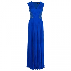 Tadashi Shoji Royal Blue Zardosi Embroidered Chiffon Ruched Dress S