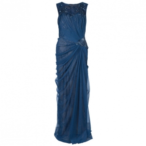 Tadashi Shoji Pleated Lace Navy Gown M