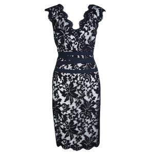 Tadashi Shoji Navy Blue Embroidered Lace Scalloped Edge Sleeveless Dress L