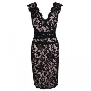 Tadashi Shoji Black And Blush Pink Embroidered Lace Sleeveless Dress M