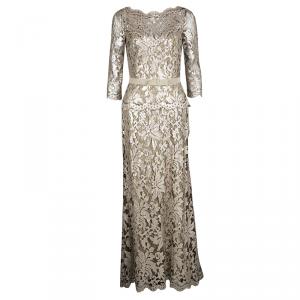 Tadashi Shoji Pink and Black Lace Sequined Long Sleeve Boat Neck Gown S