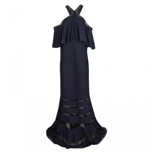 Tadashi Shoji Navy Blue Crystal Pintuck Jersey Cold Shoulder Halter Gown XL