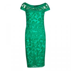 Tadashi Shoji Green Floral Embroidered Boat Neck Sheath Dress S