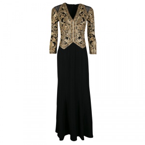 Tadashi Shoji Black and Gold Cord Embroidered Long Sleeve Trompe L'oeil Gown XS