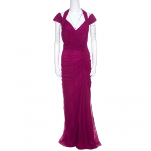 Tadashi Shoji Fuschia Off Shoulder Ruched Detail Halter Evening Gown L