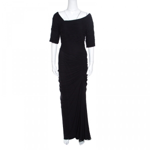 Tadashi Shoji Black Ruched Sunburt Draped Skirt Detail Evening Gown L