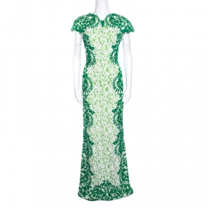 Tadashi Shoji Green and White Lace Cap Sleeve Mermaid Gown L