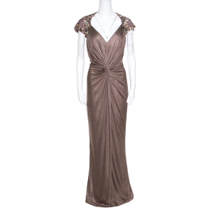 Tadashi Shoji Brown Draped Knit Cutout Back Detail Embellished Gown L