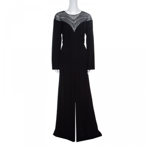 Tadashi Shoji Black Embellished Long Sleeve Slit Detail Katana Gown L