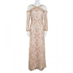 Tadashi Shoji Light Gold Metallic Cord Embroidered Detail Tulle Evening Gown S
