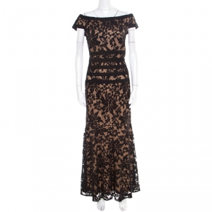 Tadashi Shoji Black Floral Embroidered Lace Bateau Neck Cap Sleeve Gown L