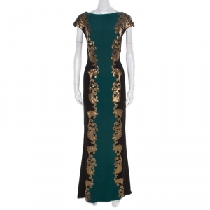 Tadashi Shoji Black and Green Embellished Side Panel Detail Boat Neck Gown XL