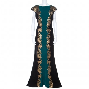 Tadashi Shoji Emerald Green and Black Sequin Paillette Applique Evening Gown L