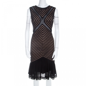 Tadashi Shoji Black Perforated Knit Sheer Paneled Sleeveless Flounce Dress XS