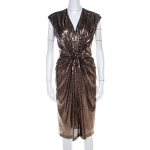 Tadashi Shoji Gold Sequin Gathered Waist Detail Midi Dress M